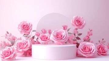 AI generated A product display podium stage featuring a pink background adorned with pink flowers photo