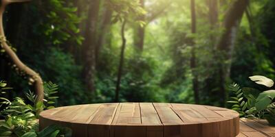 AI generated Round Wooden Platform in Lush Green Forest With Soft Sunlight Filtering Through Foliage photo