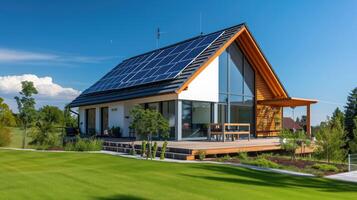 ai generado moderno Respetuoso del medio ambiente casa con solar paneles en techo en soleado suburbano barrio foto