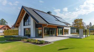 AI generated Modern Sustainable Home With Solar Panels on Rooftop and Lush Garden in Daylight photo