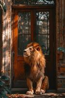 ai generado un grande león es sentado guardando el frente puerta de el casa foto