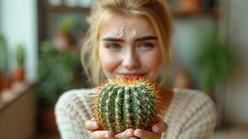 AI generated A girl holds a flower pot with a green cactus. Environmental protection and activism. Gardening and planting plants at home photo