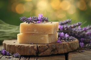 AI generated Handmade soap lies on a table with lavender flowers, a bouquet of lavender on a wooden table photo