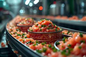 AI generated Production of canned fish. Tin cans of fish on the conveyor photo
