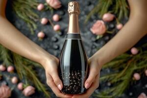 AI generated Close-up of a woman's hand holding a bottle of champagne. Place for the inscription photo