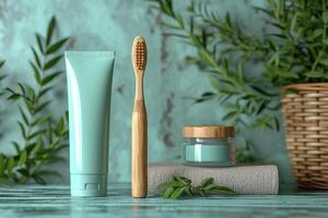 AI generated A set of organic oral care products. Eco-friendly still life with bio toothpaste. The concept of natural dental hygiene photo