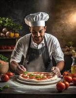 AI generated cook adding vegetables to rustic pizza in a dimly lit kitchen. photo