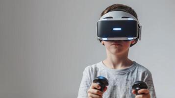 ai generado un chico jugando vídeo juegos utilizando vr lentes aislado en blanco antecedentes foto