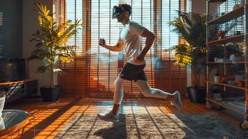 AI generated Man running in the room wearing VR Glasses, running in virtual reality photo