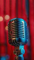 AI generated Vintage microphone on bar stage on red curtainbackground photo