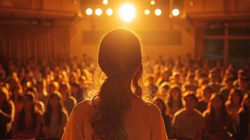 AI generated Portrait of girl in back stand in front of a large audience of people photo