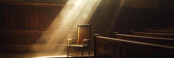 AI generated Serene Church Interior with Sunlit Chair photo