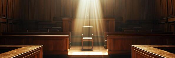 AI generated Sunlit Courtroom Emphasizing Witness Stand, Justice photo