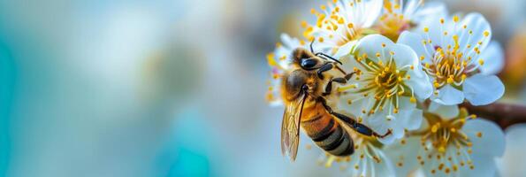 ai generado abeja polinización en blanco floración primavera esencia foto