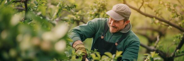 AI generated Happy Gardener Pruning Orchard Trees in Spring photo