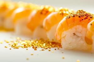 AI generated Gold Flaked Luxury Sushi on White Background photo