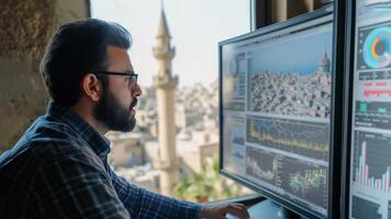 AI generated Market Analyst Examines Data with Cityscape photo