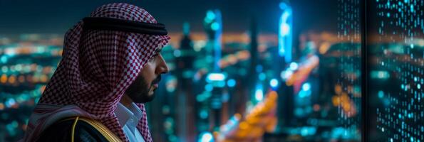 AI generated Thoughtful Man in Traditional Garb Overlooking Night Cityscape   Business or Travel Concept with Copy Space photo