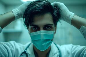 AI generated Focused young male healthcare professional with stethoscope and surgical mask in a hospital setting, representing medical care and coronavirus pandemic frontline workers photo