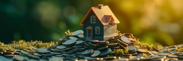 AI generated Miniature house on a pile of coins with natural green blurred background, symbolizing real estate investment, savings, or mortgage concept with copy space photo