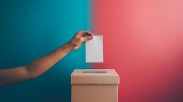 ai generado mano insertando blanco votación votación dentro caja en contra un degradado azul y rojo antecedentes con amplio Copiar espacio, concepto de democracia y elecciones foto