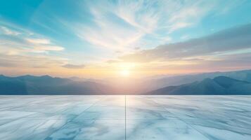 AI generated Tranquil sunrise over mountain landscape with expansive marble floor foreground, offering copy space for text or design elements photo