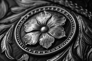 ai generado cerca arriba de un negro y blanco intrincadamente tallado floral cuero patrón, exhibiendo detallado artesanía adecuado como un lujoso antecedentes o elegante material textura foto