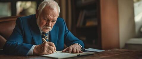 AI generated Senior businessman in a blue suit focused on writing in a notebook in a classic office setting, with ample empty space on the right for text photo