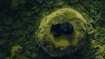 AI generated Aerial view of a solitary black bear resting on a lush green moss covered rock surrounded by dense forest foliage, suitable for environmental concepts with space for text photo