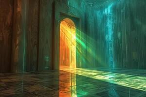 AI generated Mysterious ancient doorway illuminated by warm sunlight with space for text, ideal for themes of exploration, fantasy, and history photo
