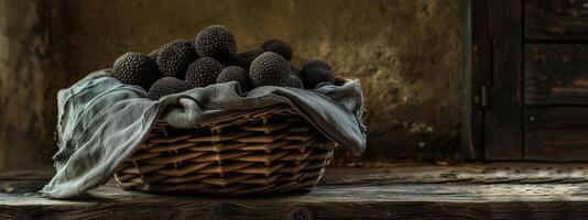 Artisanal basket of black truffles on rustic wooden surface with natural textured backdrop, ample empty space for text, atmospheric lighting, ideal for food photography and exotic concepts photo