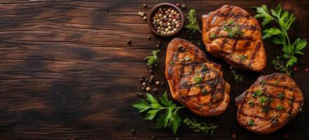 AI generated Grilled pork steaks garnished with fresh herbs and peppercorns on a rustic wooden background, with copy space for text or branding, ideal for culinary concepts and menu designs photo