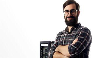 AI generated Confident Bearded IT Expert by Servers photo