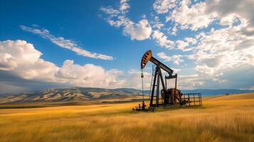 ai generado petróleo bomba en trigo campo, energía Satisface agricultura foto