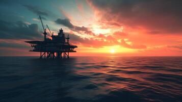 AI generated Oil Rig Sunset Silhouette with Copy Space photo