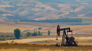 ai generado puesta de sol petróleo bomba Jack en pastoral paisaje con Copiar espacio foto