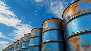 AI generated Blue Industrial Barrels, Sky Background, Copy Space photo