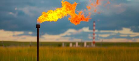 AI generated Oilfield Gas Flare Burn Against Moody Sky, Environmental Concept photo