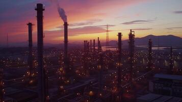 AI generated Industrial Dusk, Refinery Silhouettes Against Twilight Sky photo