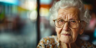 AI generated Wise Senior Woman Contemplating with Glasses photo