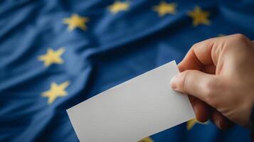 AI generated Hand Presenting Blank Card, EU Flag photo