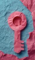 AI generated Conceptual Pink Paper Key on Textured Dual Tone Backdrop photo