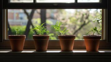 AI generated Spring Growth, Sunlit Terracotta Pots with Seedlings photo