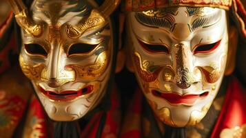 AI generated Traditional Chinese opera masks with intricate gold detailing and red accents, representing Asian cultural performance art, perfect for events or Lunar New Year celebrations photo