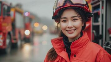 ai generado retrato de un joven asiático hembra bombero sonriente en frente de un fuego camión, con un atención en emergencia respuesta y heroísmo, amplio Copiar espacio en izquierda foto