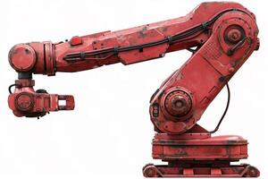 AI generated Isolated heavy duty industrial robotic arm with peeling red paint, showing signs of wear and tear, against a white background with space for text photo