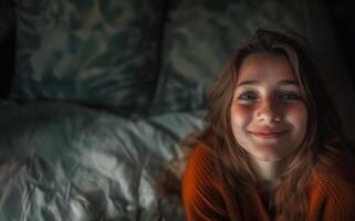 AI generated Joyful Freckled Woman Relaxing with Pillow photo