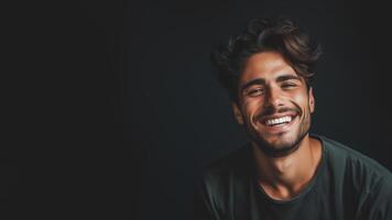 AI generated Smiling Young Man on Dark Backdrop photo