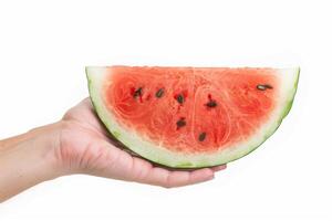 AI generated Fresh Watermelon Slice Handheld, Isolated on White photo