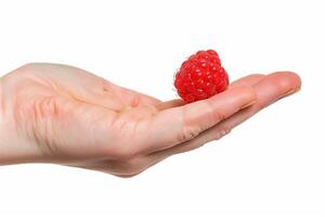 AI generated Hand Holding Fresh Raspberry on White photo